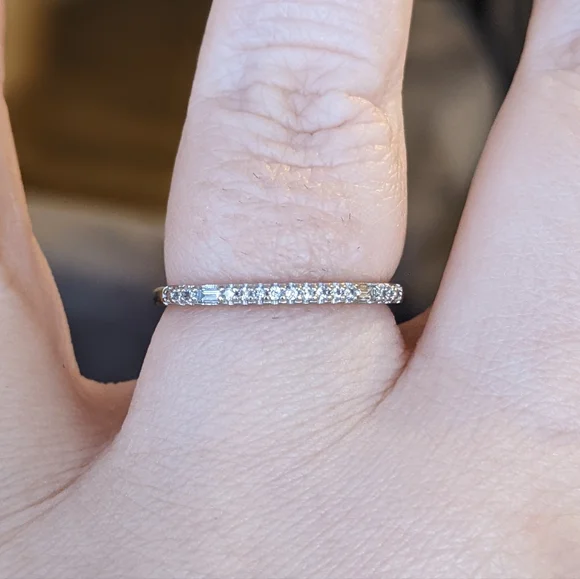 10K White Gold Round And Emerald Cut Diamond Half Eternity Ring - Picture 4 of 12